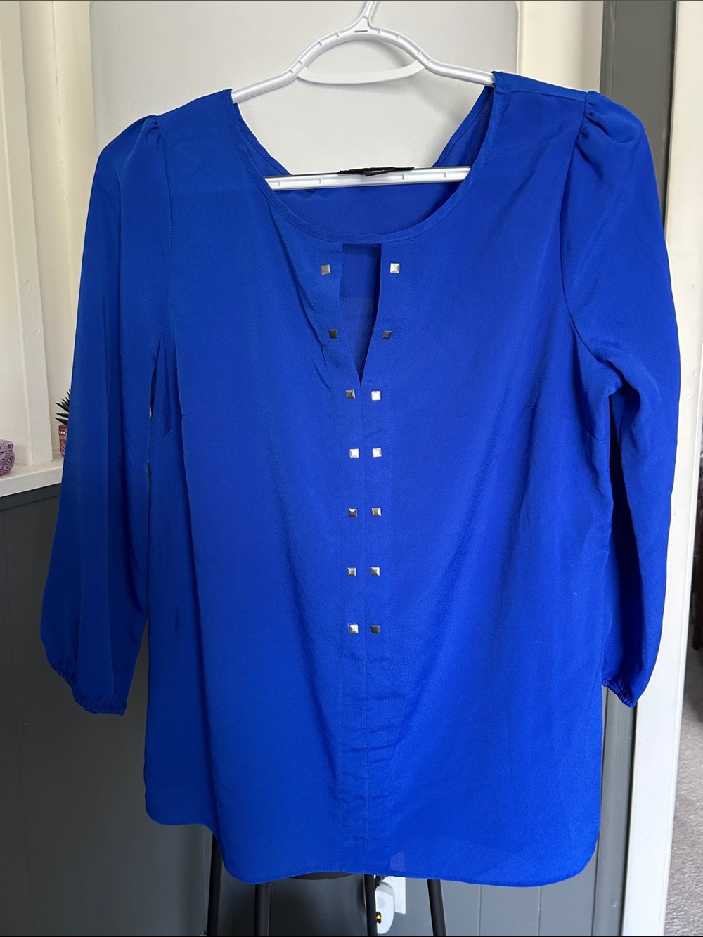 attention Cobalt Blue Stud-Accent V-Neck Blouse